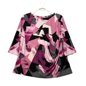 Alfani Women's Twist Front Blouse Size XL Pink/Black/White Geometric Print
